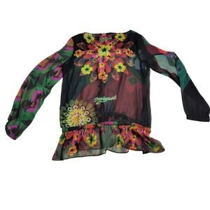 Desigual Women's Sheer Blouse Floral Patchwork Print Button Down India Large